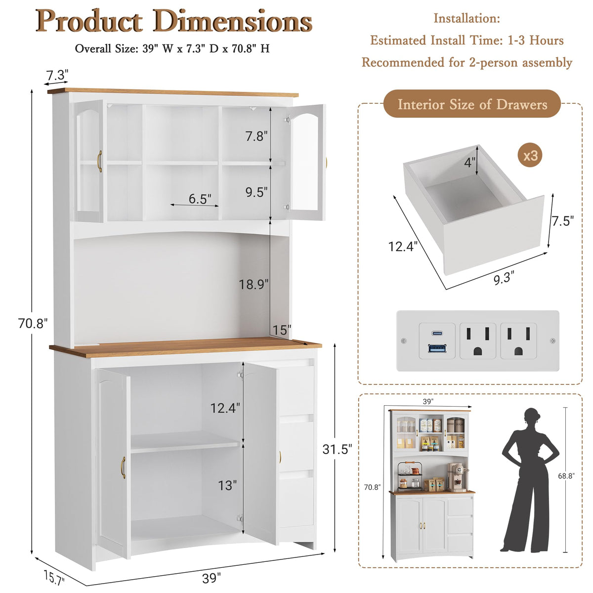 Garvee 71" Kitchen Pantry Cabinet with LED Lights & Charging Station