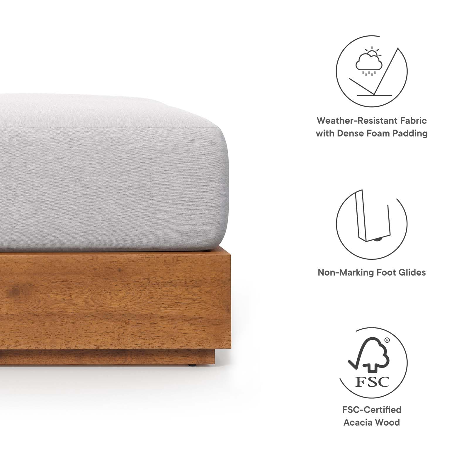 Modway Tahoe Acacia Wood Outdoor Ottoman in Natural Light Gray with Weather-Resistant Cushion - Ideal as Outdoor Footstool or Sunroom Furniture Accessory