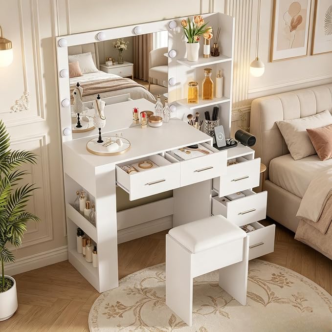 Makeup Vanity with Lighted Mirror & Stool