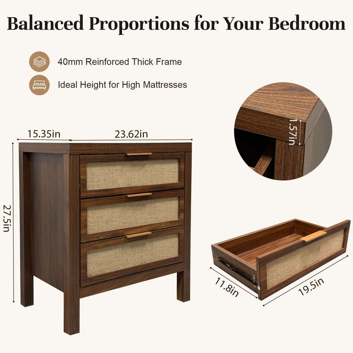 Walnut 3-Drawer Nightstand