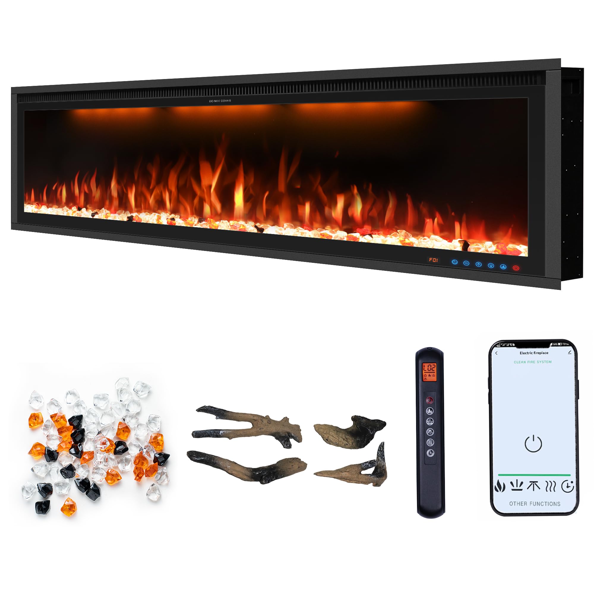 48" Smart Electric Fireplace Inserts, Slim Fireplace with APP & Alexa Control, Remote & Touch Panel, Adjustable Flame Colors & Fuel Bed Colors, Timer & Overheat Protection, 750W/1500W, Black