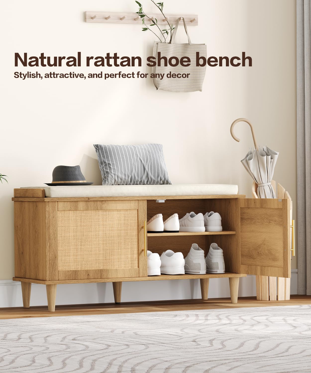 Rattan Shoe Storage Bench with Cushion