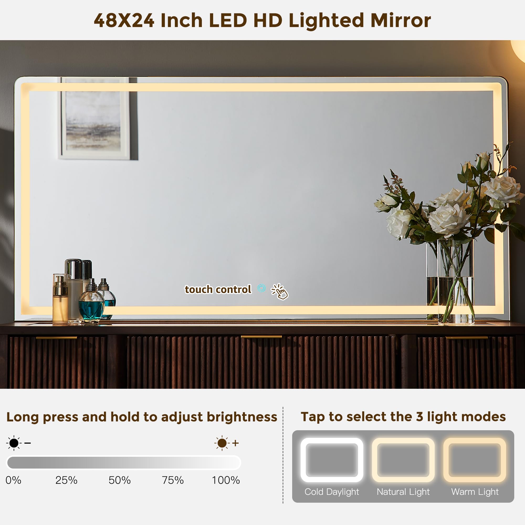 T4TREAM 48" Fluted Makeup Vanity Desk with 48" Large Mirror and HD Lights, Modern Vanity Table with 9 Drawers & Charging Station, Glass Top and Golden Handles Dressing Table for Bedroom,Dark Walnut