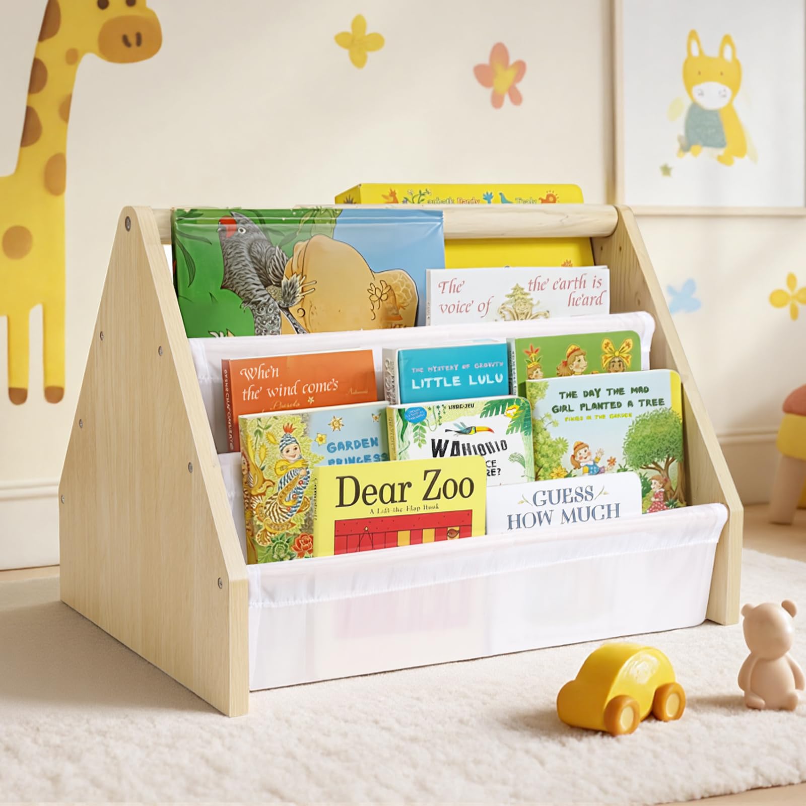 Epelay Kids Bookshelf, 19" Nursery Book Shelves for Toddler Rooms, with Deep Fabric Pockets, Montessori Book Shelf for Baby Room, Reading Corner or Playroom Decor