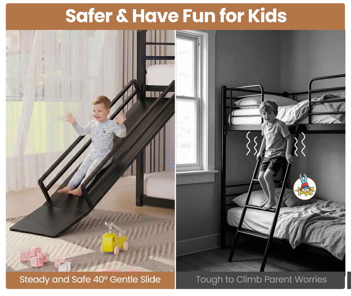 Twin Bunk Bed with Slide & LED Lights