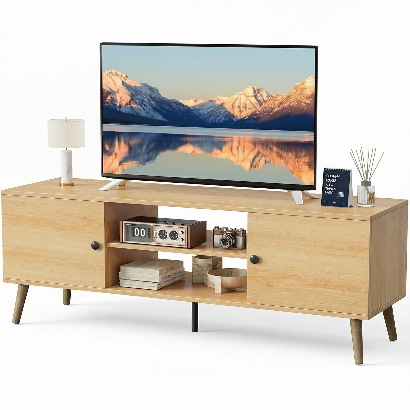 Sweetcrispy TV Stand for 55 60 inch TV, Modern Mid Century Entertainment Center with Storage, Media Console Table 2 Cabinet, Soft Hinge, Handle Door, Wooden Living Room, Office Furniture, Oak