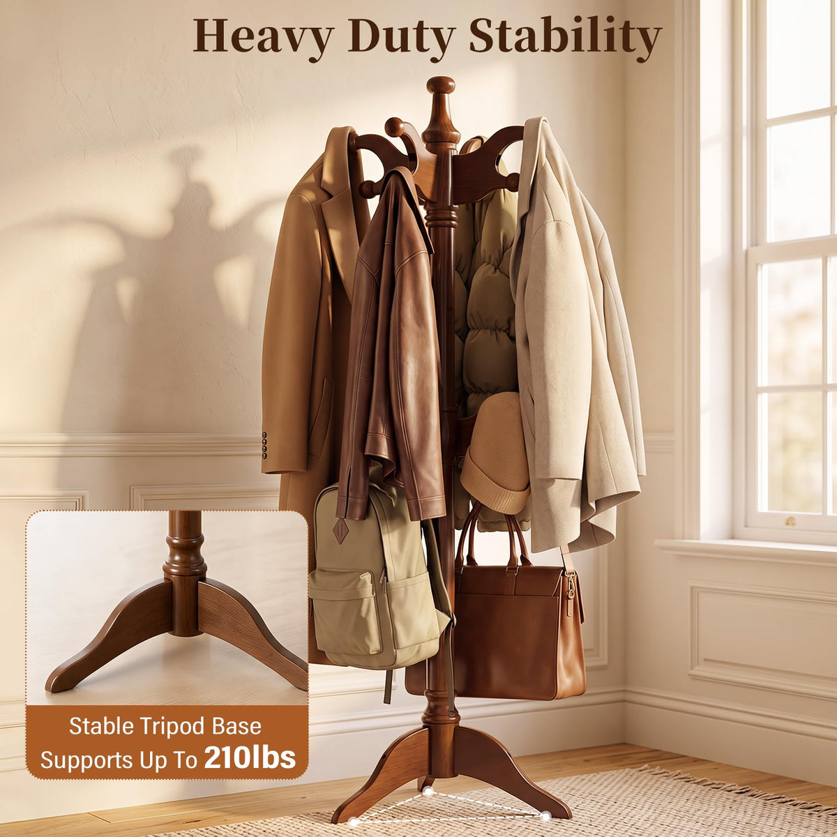 Solid Wood Coat Rack with 7 Hooks