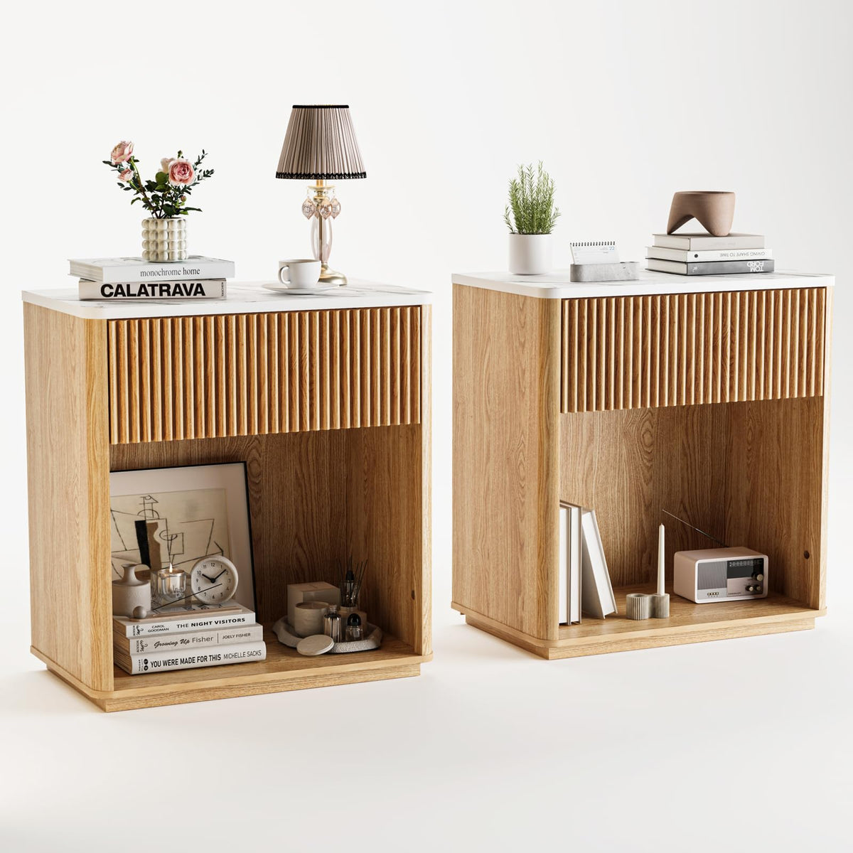Cychuily Modern Fluted Nightstand Set of 2 for Bedroom, Mid Century Bedside Table Set with Marble Top & Drawer, Wood End Table, 2 Farmhouse Night Stands for Guest Room, Hallway, Oak
