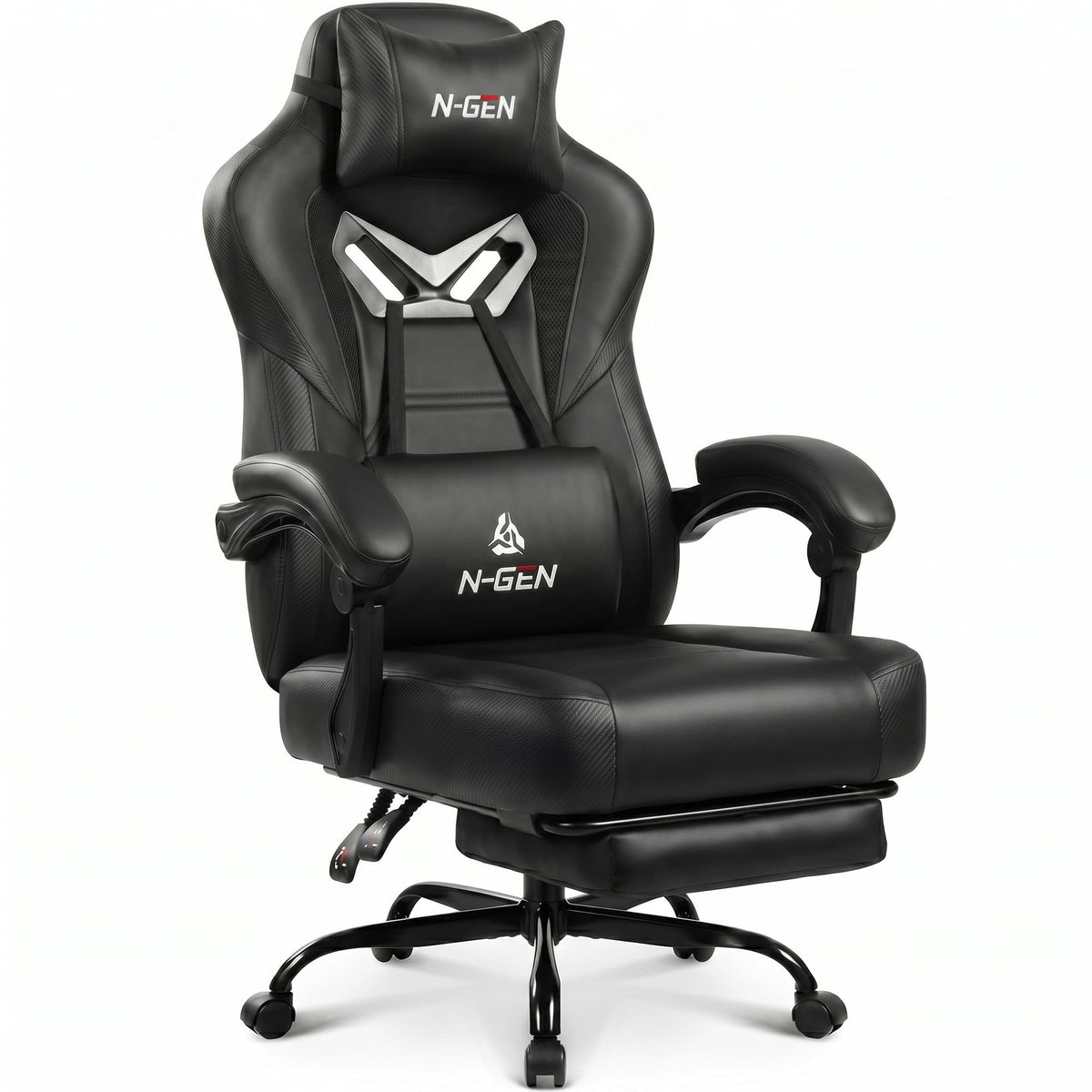 N-GEN GAMING Big & Tall Gaming Chair, Footrest, Lumbar Support, Dark Black