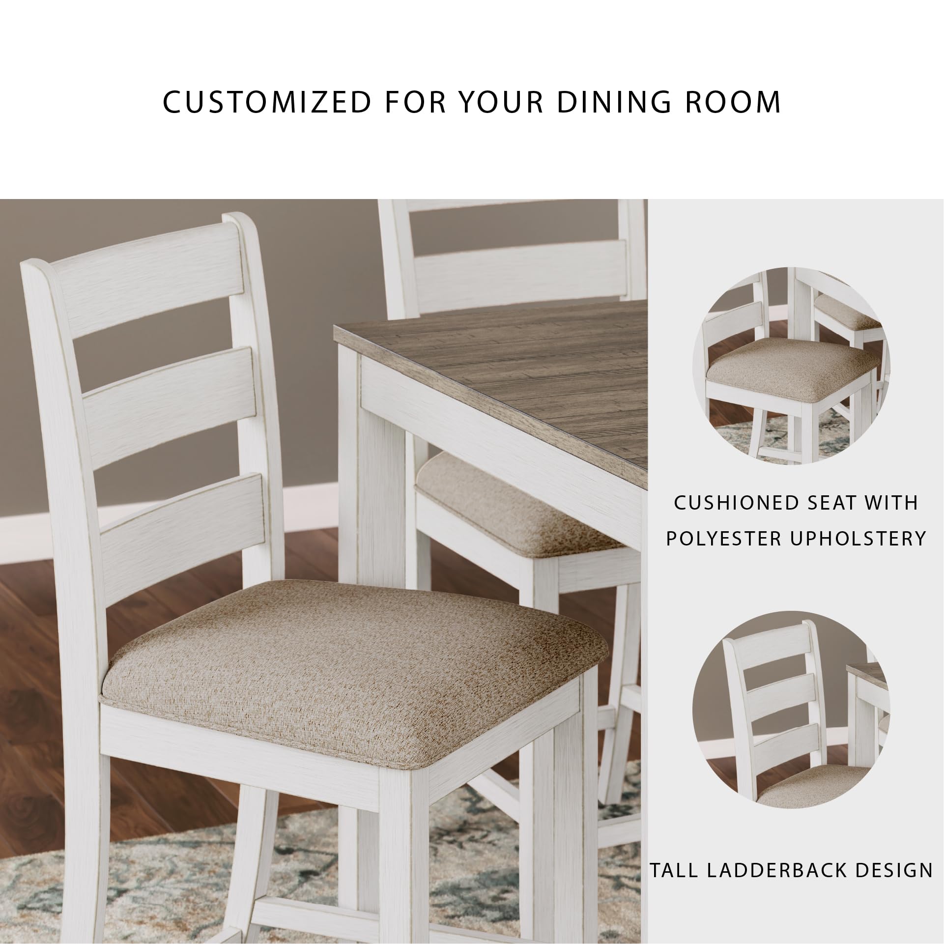Signature Design by Ashley Skempton Modern Farmhouse Counter Height Dining Table and Upholstered Bar Stools, Set of 7, White & Light Brown