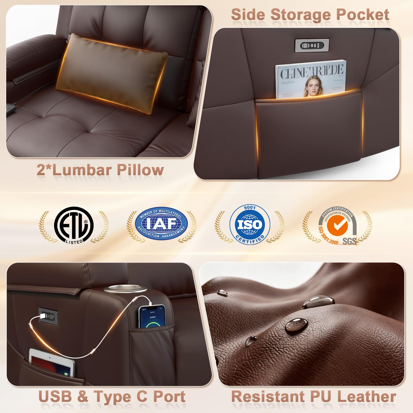 Aotolo Power Reclining Loveseat with Massage & Heat,Wall Hugger Home Theater Seating with LED Lights,USB & Type-C Ports, Ideal for RV, Home Theater and Living Room,Brown,2 Seats