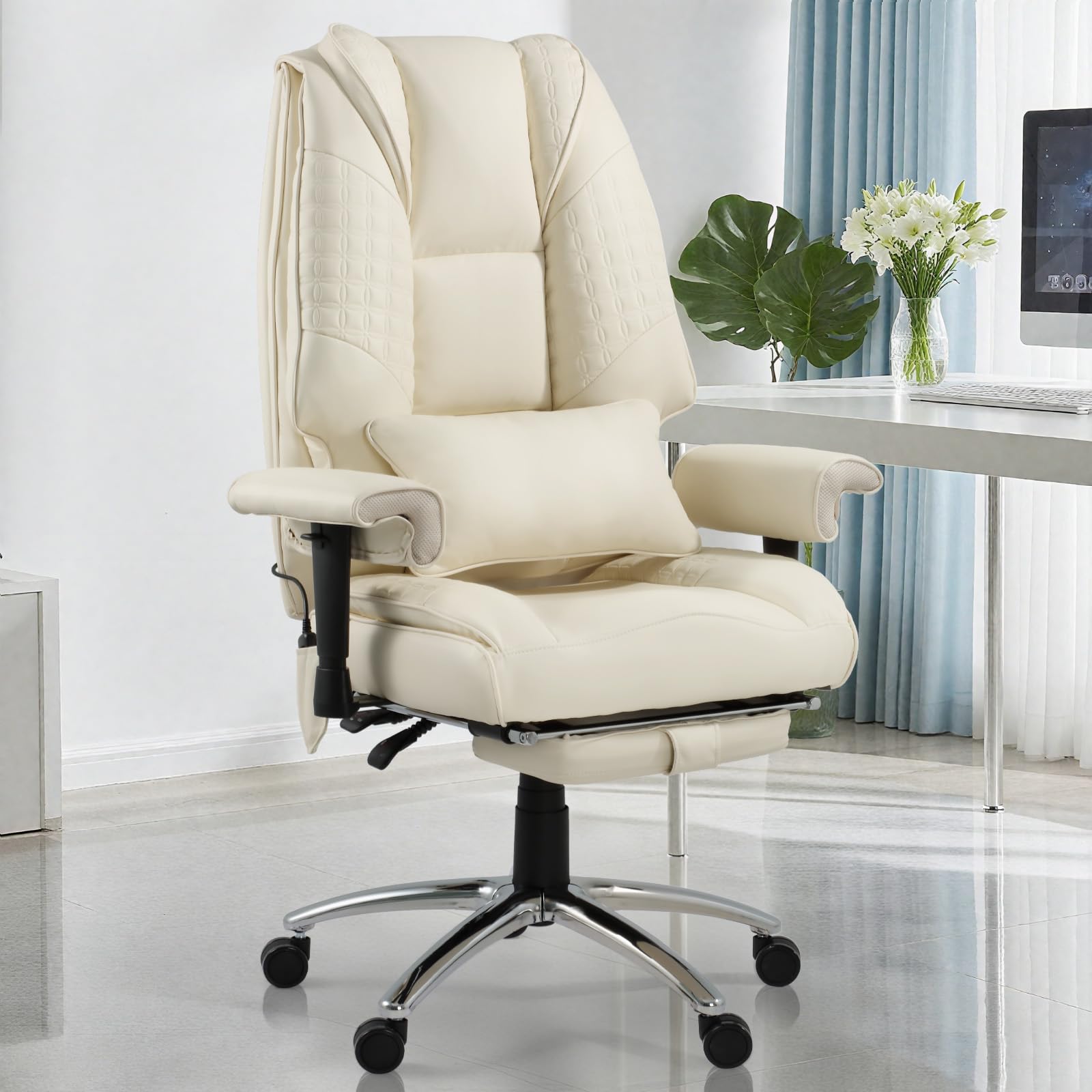 Mvpipi Vibrate Massage & Heating Office Chair, Executive Office Chair with Reclining Backrest, Adjustable Arms & Lumbar Support, High Back Leather Desk Chairs w/Foot Res for Home Office, Beige