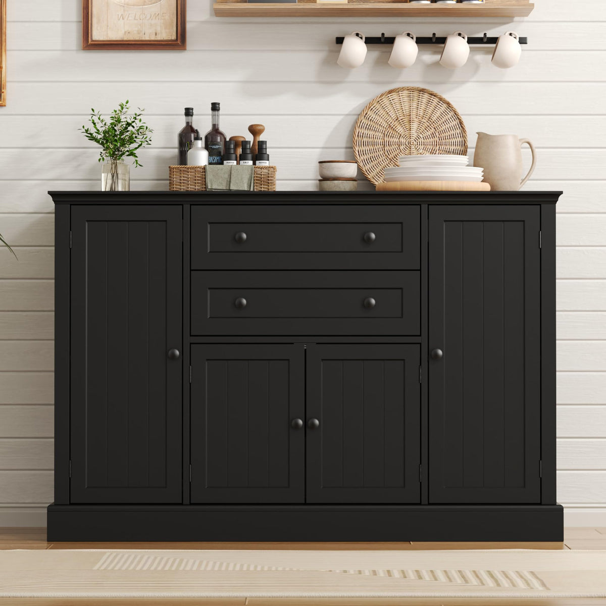 DecoFurn Farmhouse 47" Buffet Cabinet with Storage,Large Sideboard Buffet with Drawers and Adjustable Shelves, Rusitc Coffee Bar Cabinet for Kitchen, Black
