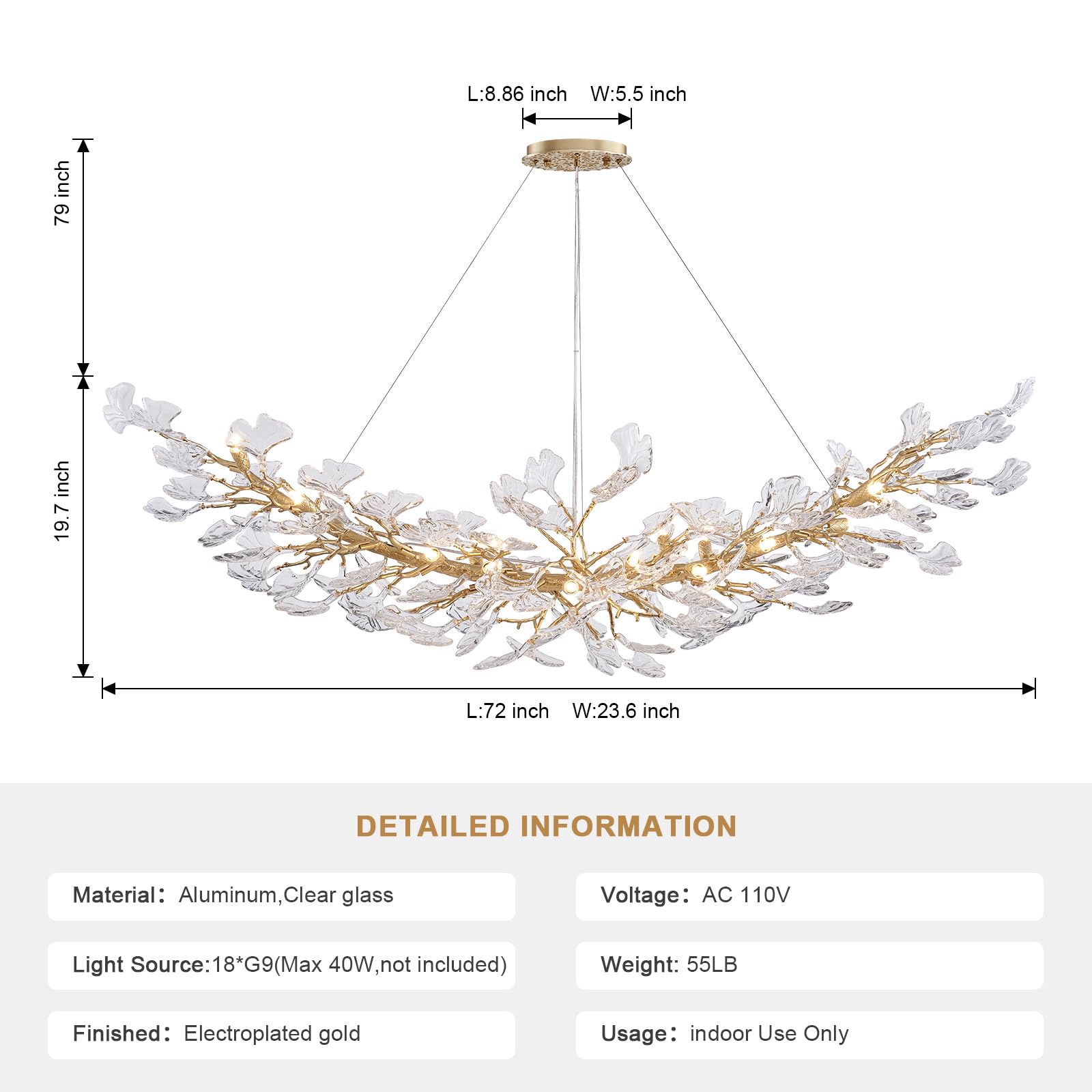 SHEKAITAO Modern Gold Crystal Chandeliers - L72 inch Rectangular Tree Branches Ceiling Pendant Light Fixtures, Natural Artistic-Style Ginkgo Leaf Chandelier for Dining Living Room Kitchen Island