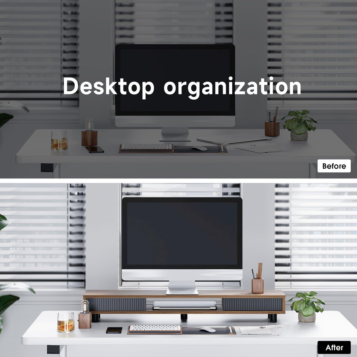 Fenge Dual Monitor Stand with Storage, Desk Shelf with Glass Sliding Door