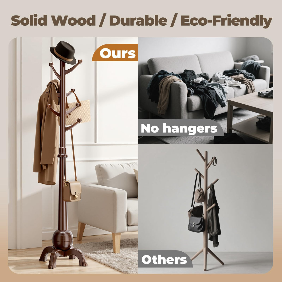 8-Hook Solid Wood Coat Rack