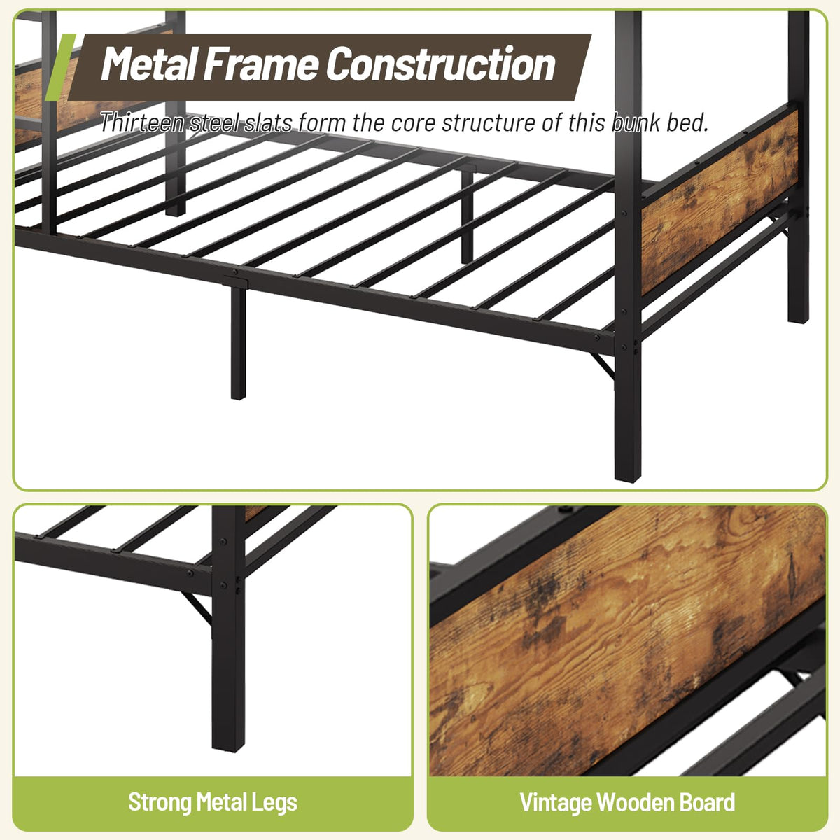 STHYTON Bunk Bed Twin Over Twin with High Guardrail, Metal Bunk Bed