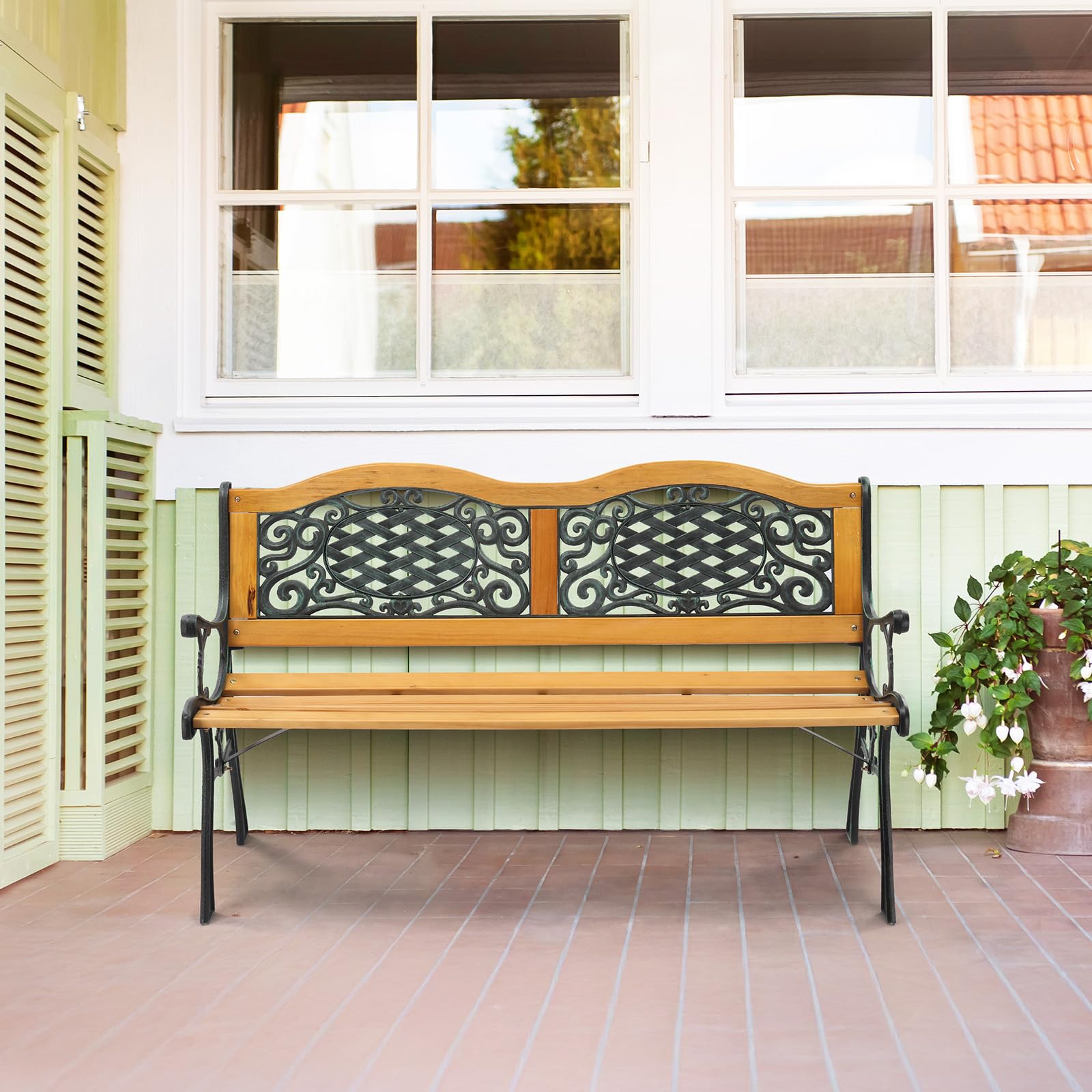 Arched Back Outdoor Bench – Cast Iron & Teak, 3-Seater