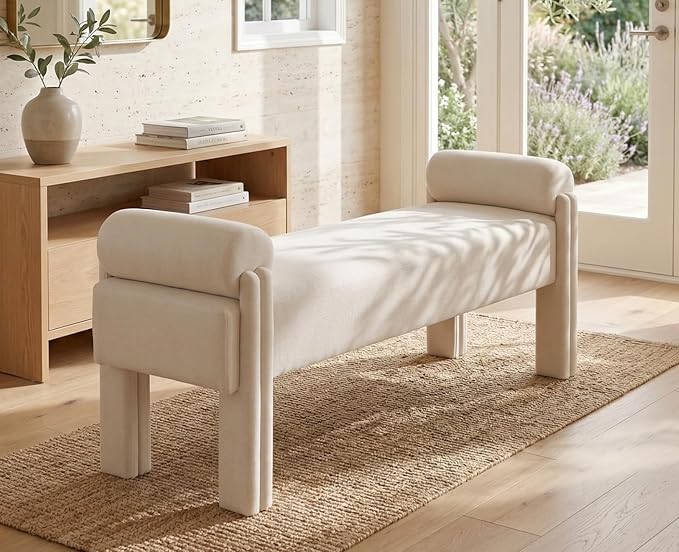 Upholstered End of Bed Bench with Boucle Sherpa Fabric