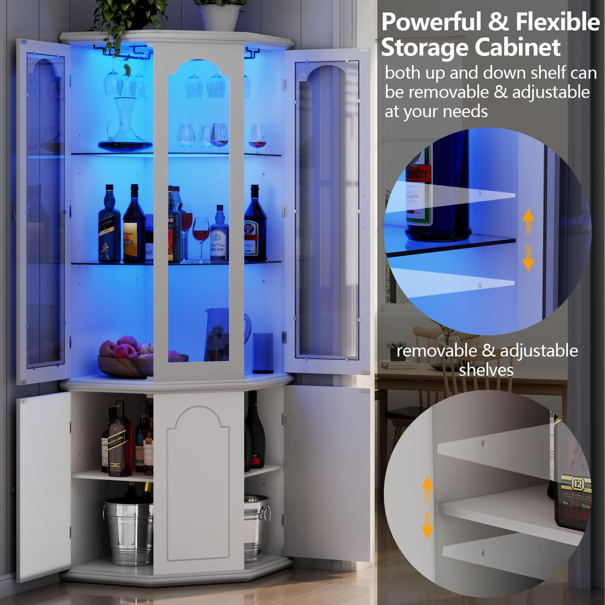 LED Corner Bar Cabinet with Adjustable Shelves