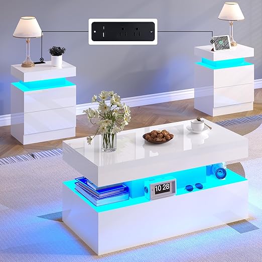LED Coffee Table & End Table Set with Charging Station – 3 Piece