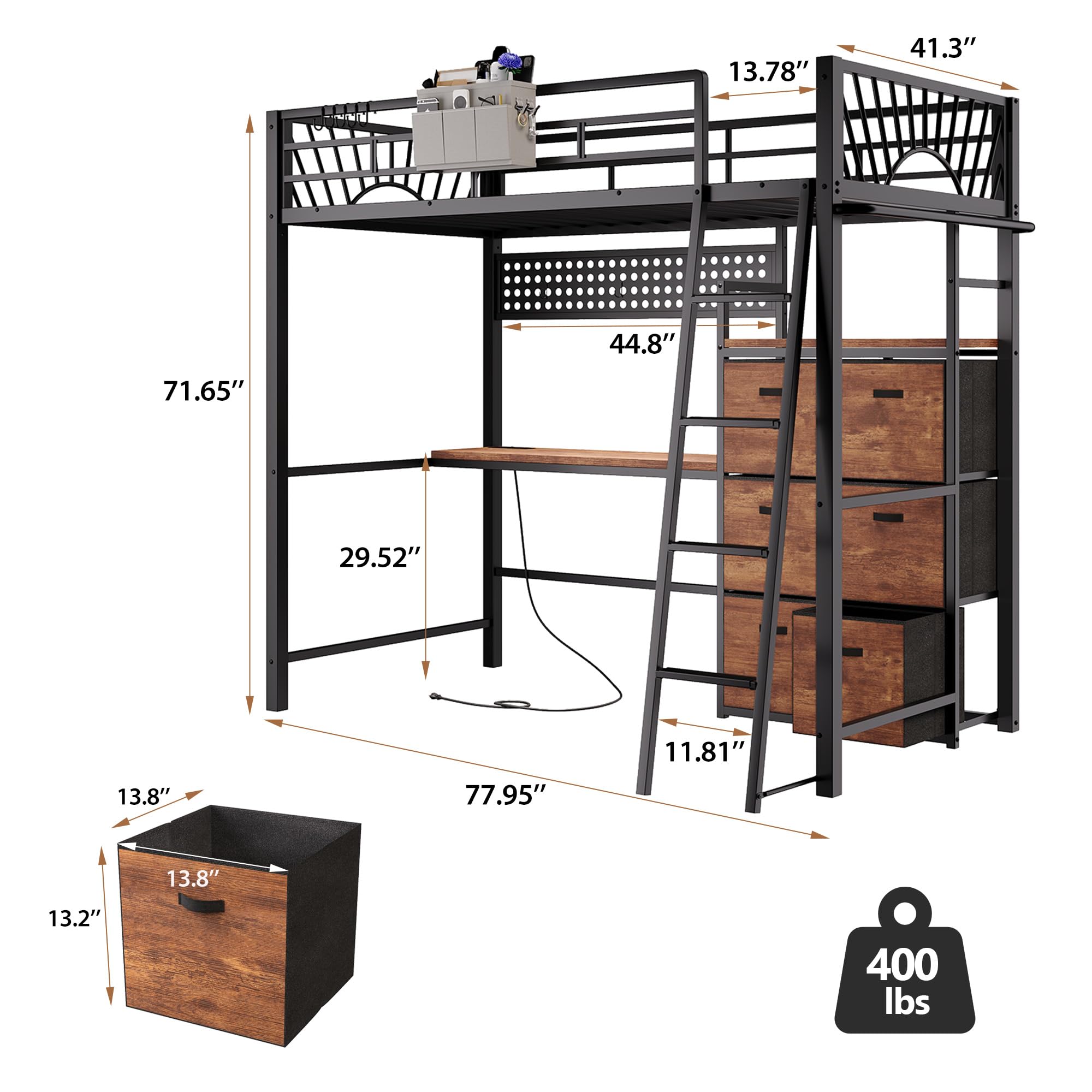 Twin Metal Loft Bed with Desk