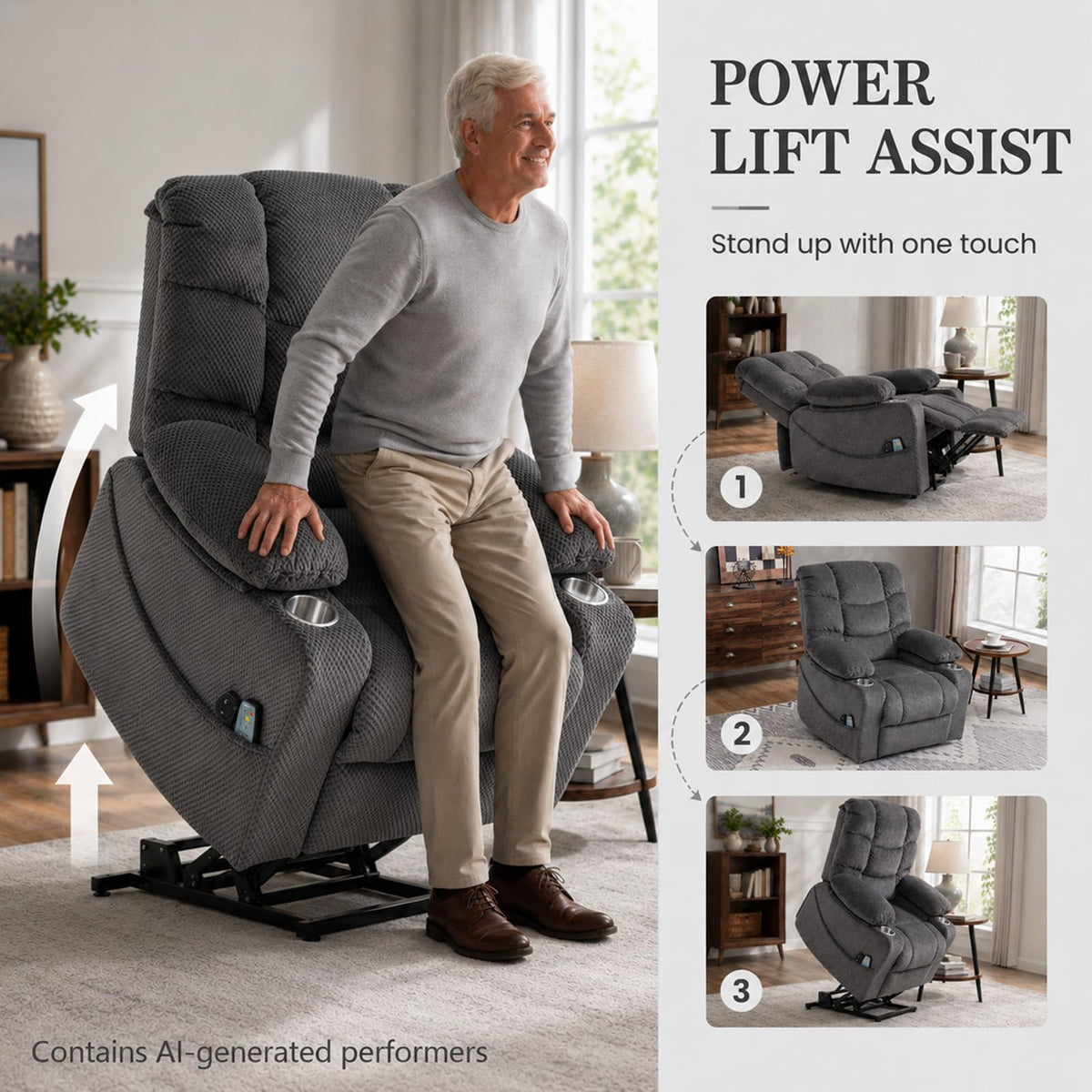 Ultra Wide Power Lift Recliner Chair for Elderly, Powerlift Lounge Chair with Hot Massage Heating and Auxiliary Standing Function,Oversized Lazyboy Single Sofa with Cup Holder for Living Room (Grey)
