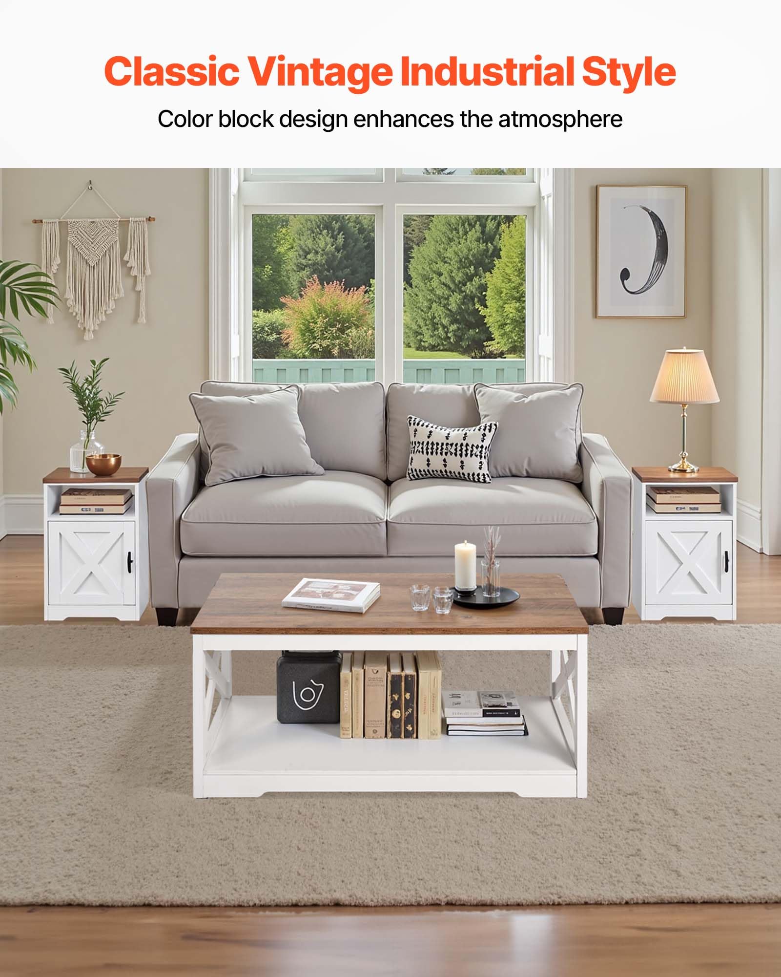 3-Piece Farmhouse Coffee Table Set with Charging Station