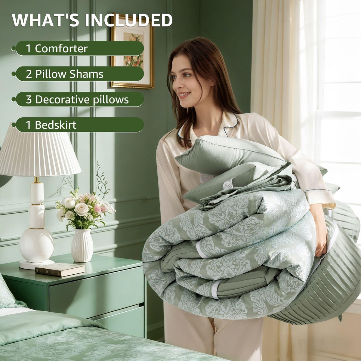 Sage Green Jacquard Comforter Set, 7-Piece