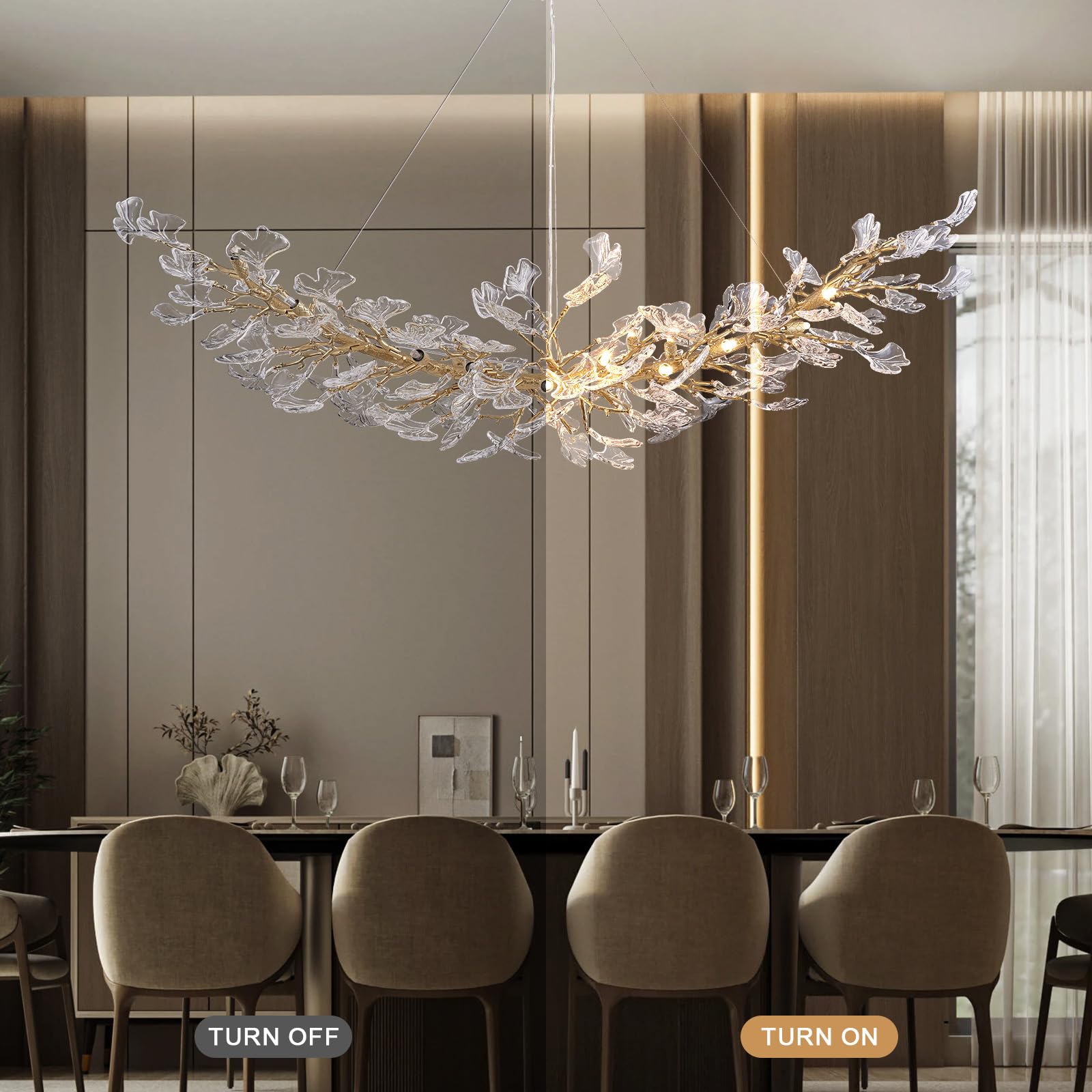 SHEKAITAO Modern Gold Crystal Chandeliers - L72 inch Rectangular Tree Branches Ceiling Pendant Light Fixtures, Natural Artistic-Style Ginkgo Leaf Chandelier for Dining Living Room Kitchen Island