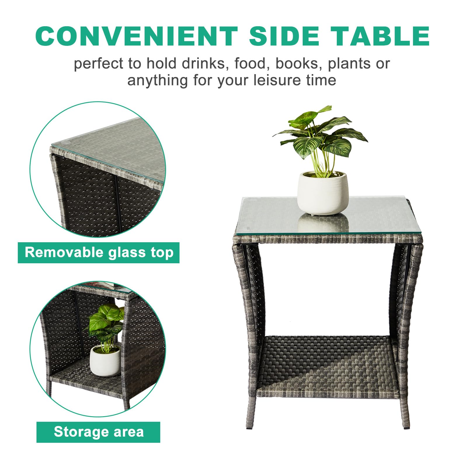 Wicker Outdoor Side Table with Tempered Glass Top & Storage Shelf