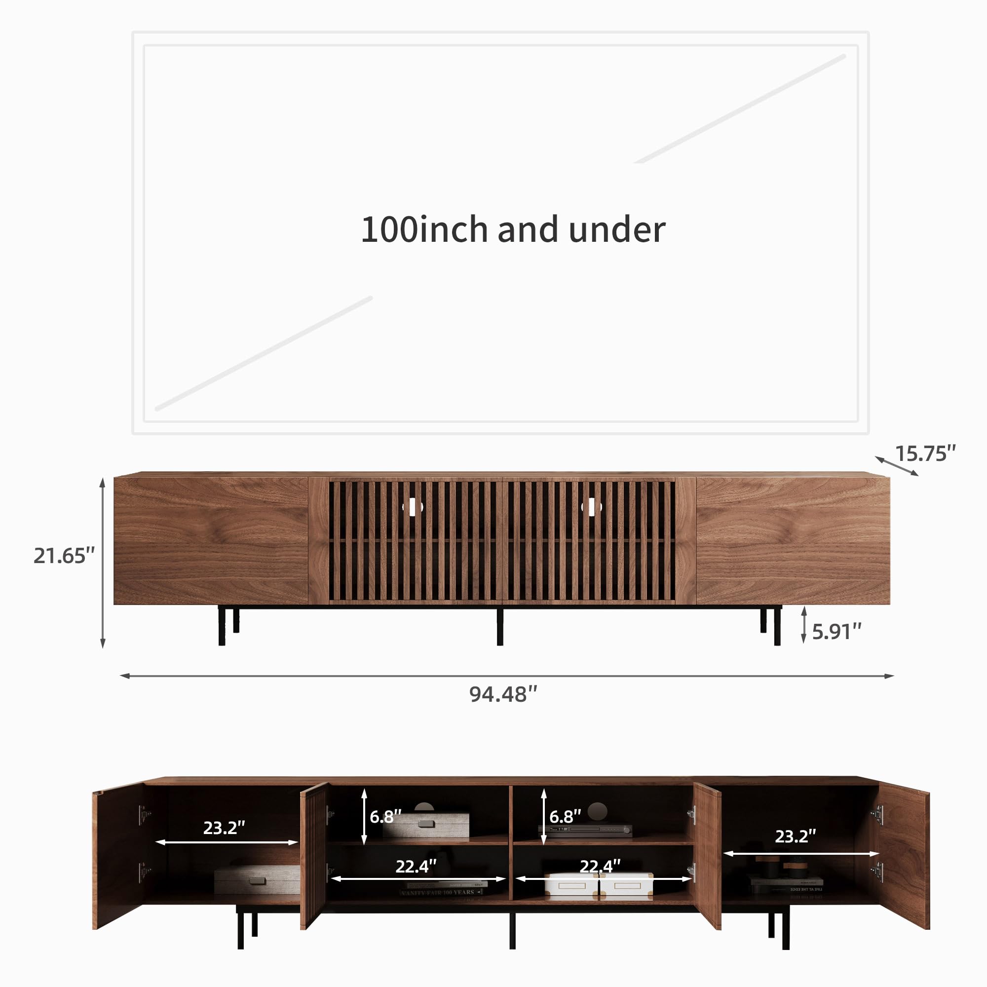 Pajiasen 94.48″ Mid Century Modern Walnut TV Stand with Grille Doors, Storage Cabinets,Entertainment Center for TVs Up to 80",Media Console for Living Room or Bedroom