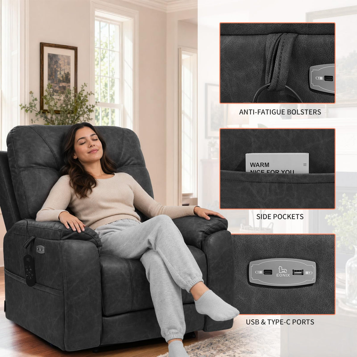 EONIX Large Triple Motor Power Lift Recliner Chair with Heat & Massage