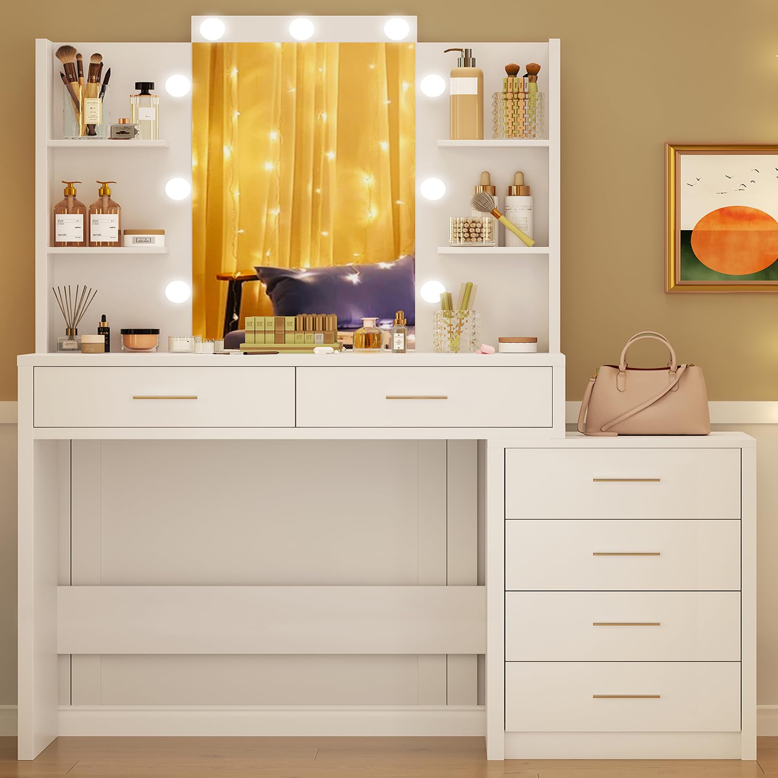 FIONESO 43.3" W Vanity Desk with Mirror and 9 LED Lights, Makeup Vanity with 6 Drawers, 6 Open Shelves, 3 Color Modes & Adjustable Brightness, Dressing Table for Girls Bedroom, White