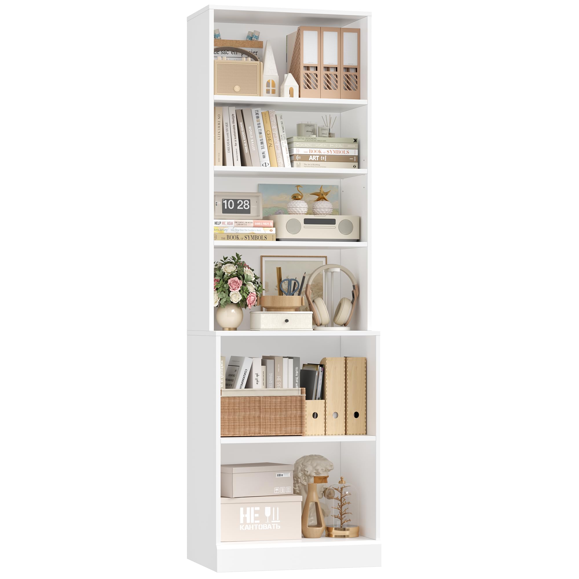 FACBOTALL 73.2" Tall Bookshelf and Bookcase, 6-Tier Open Bookshelf with Storage, Deep Bookshelf with Adjustable Shelf, Freestanding Display Storage Shelves for Living Room, Home Office, Study, White