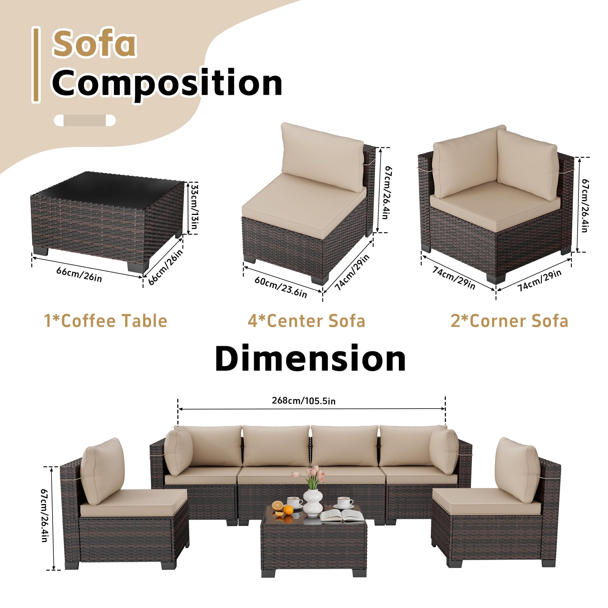 7-Piece Outdoor Rattan Patio Furniture Set with Tea Table