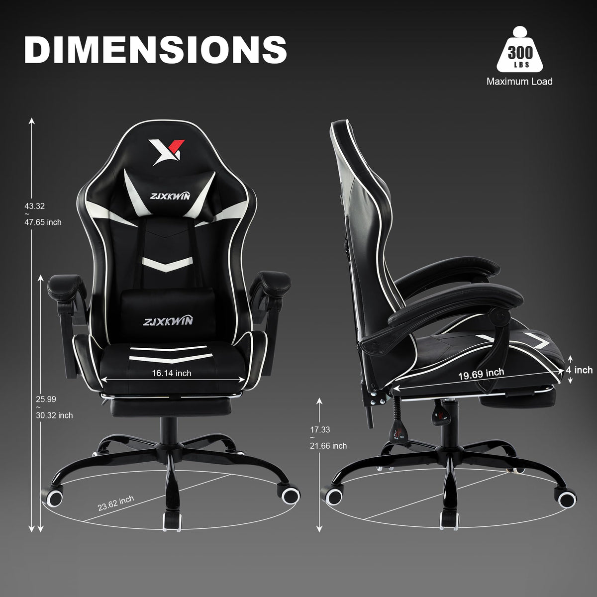 Small Gaming Chair Black and White, Comfortable Gaming Chair with Footrest