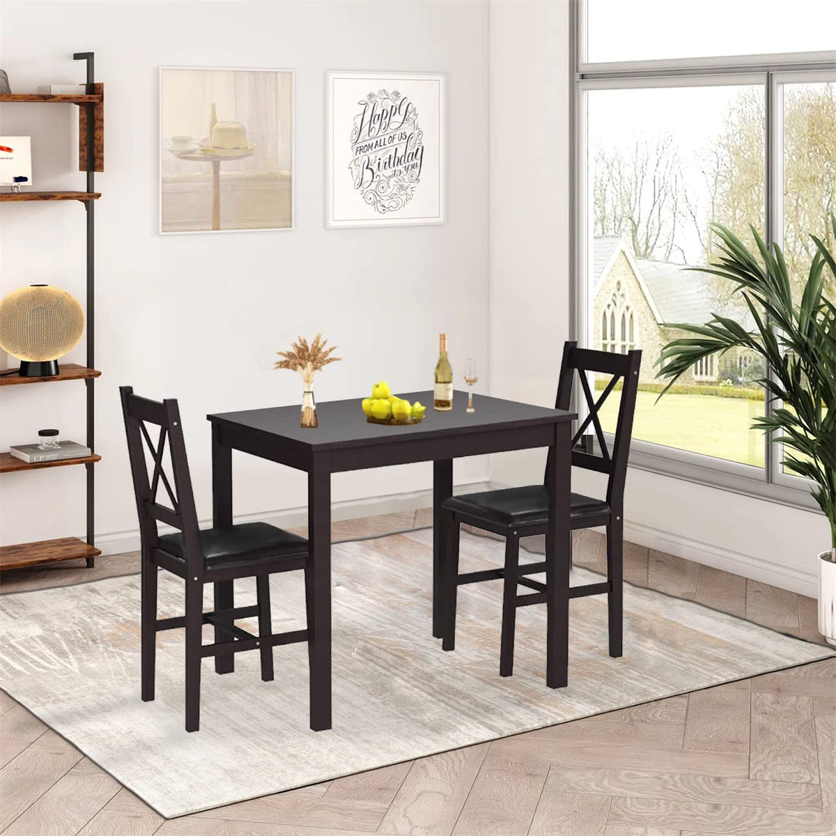 Hudada 3-Piece Solid Wood Kitchen Table Set for 2 | Pine Dining Table with Upholstered Chairs | Space-Saving Design | Smooth Easy-to-Clean Surface | for Dining Room, Apartment, Restaurant, Dark Brown