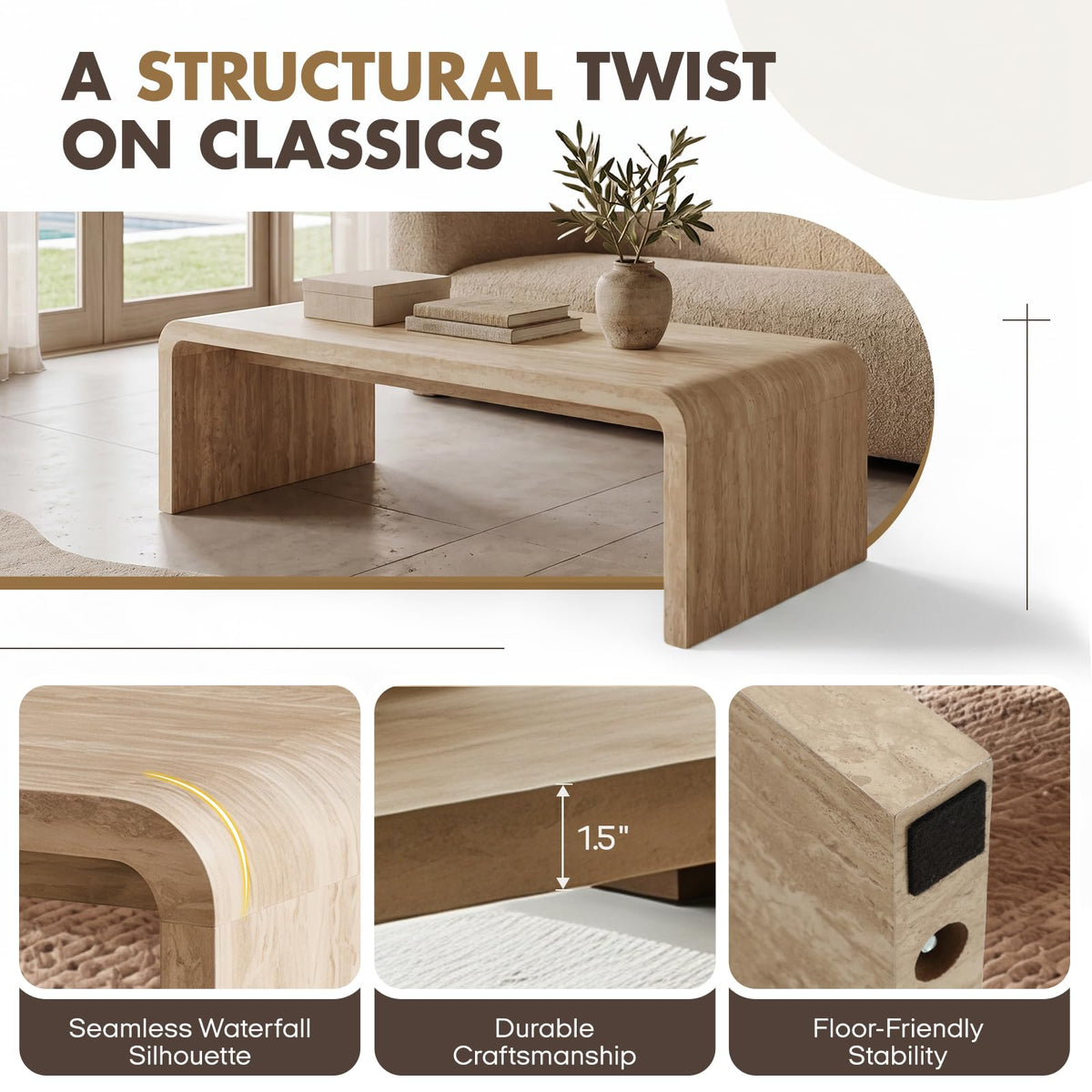 47" Travertine Look Coffee Table with Waterfall Edge