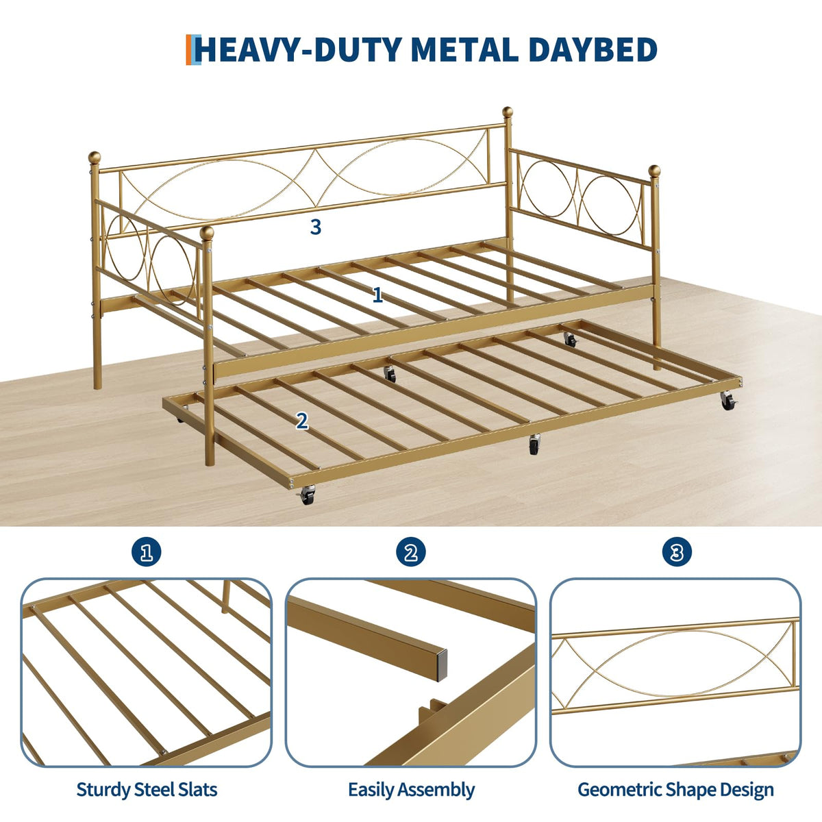 IDEALHOUSE Metal Twin daybed with Trundle with Steel Slat Support