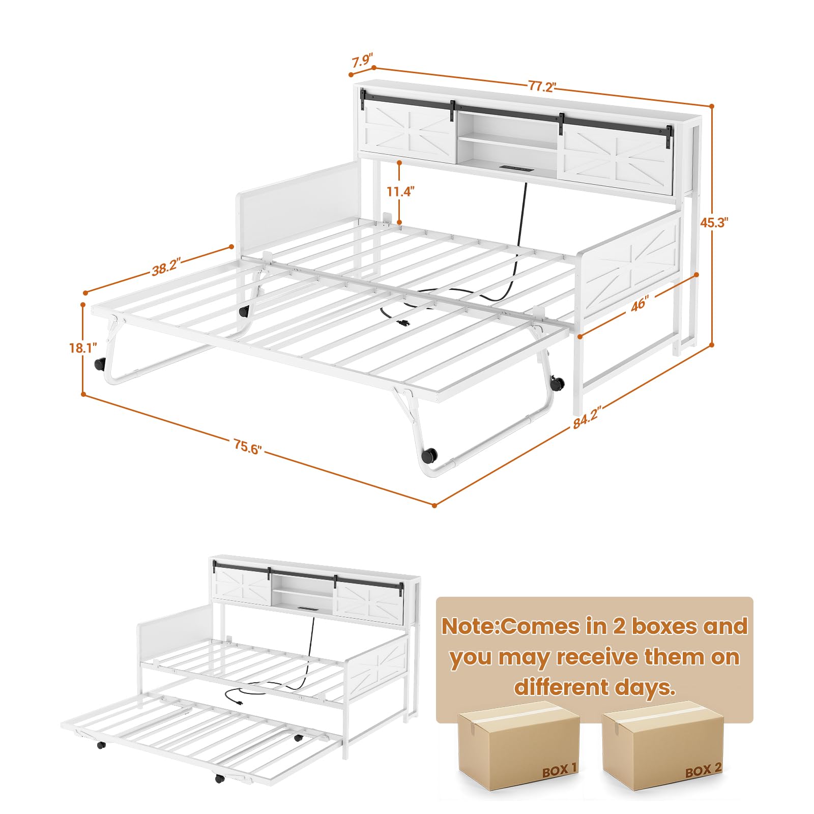 Homieasy Farmhouse Twin Daybed with Pop-Up Trundle, Metal Trundle Bed Frame with Bookcase Headboard, Charging Station & Barn Door Storage for Bedroom & Guest Room, White