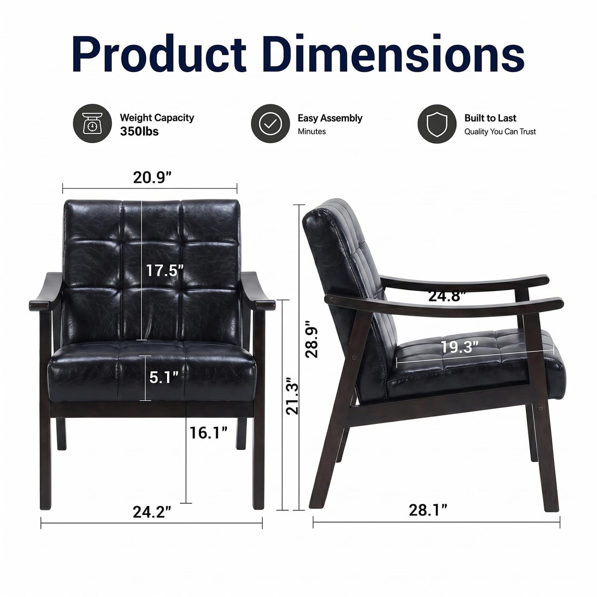 Hjaustevy Mid Century Modern Faux Leather Accent Chair, Lounge Chair Indoor Comfy Upholstered Armchair, MCM Wooden Side Chair with Solid Rubberwood Frame for Living Room Bedroom, 350lbs