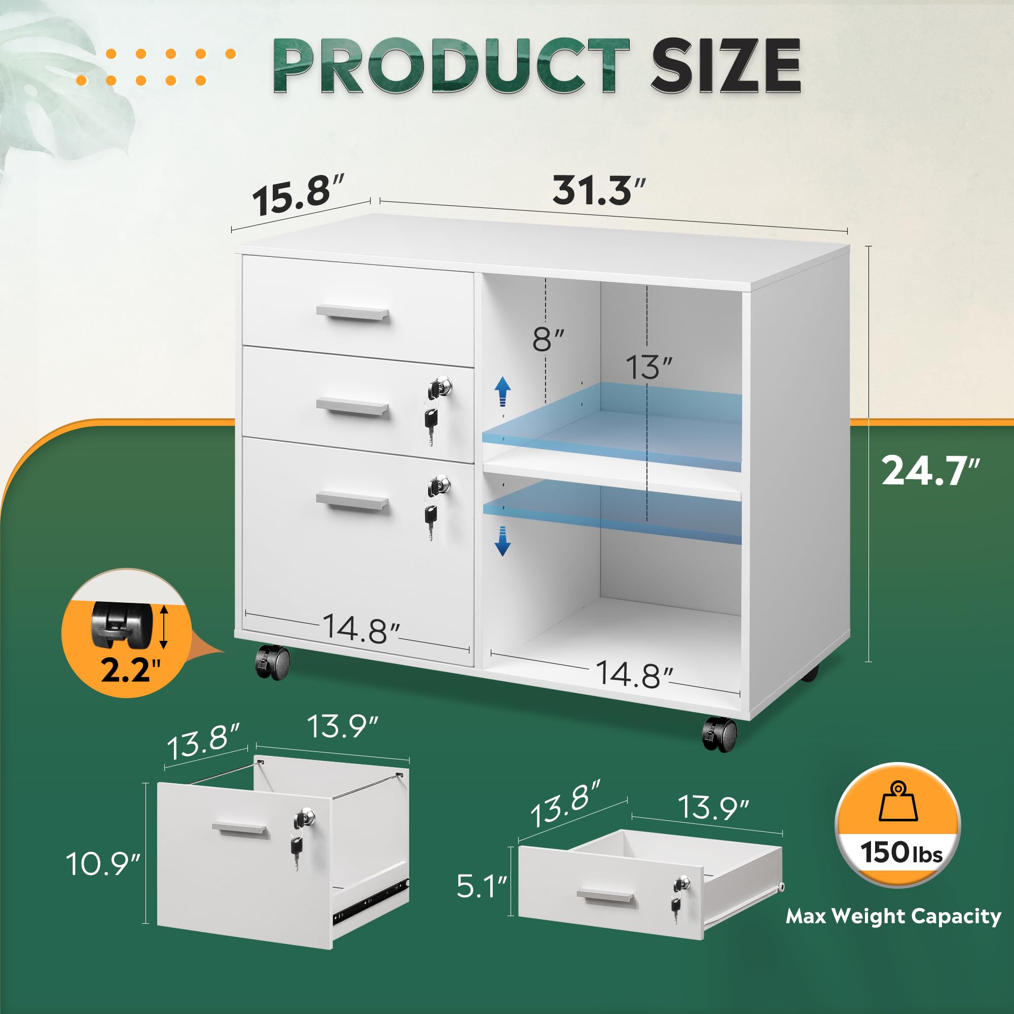 3-Drawer Mobile File Cabinet with Lock