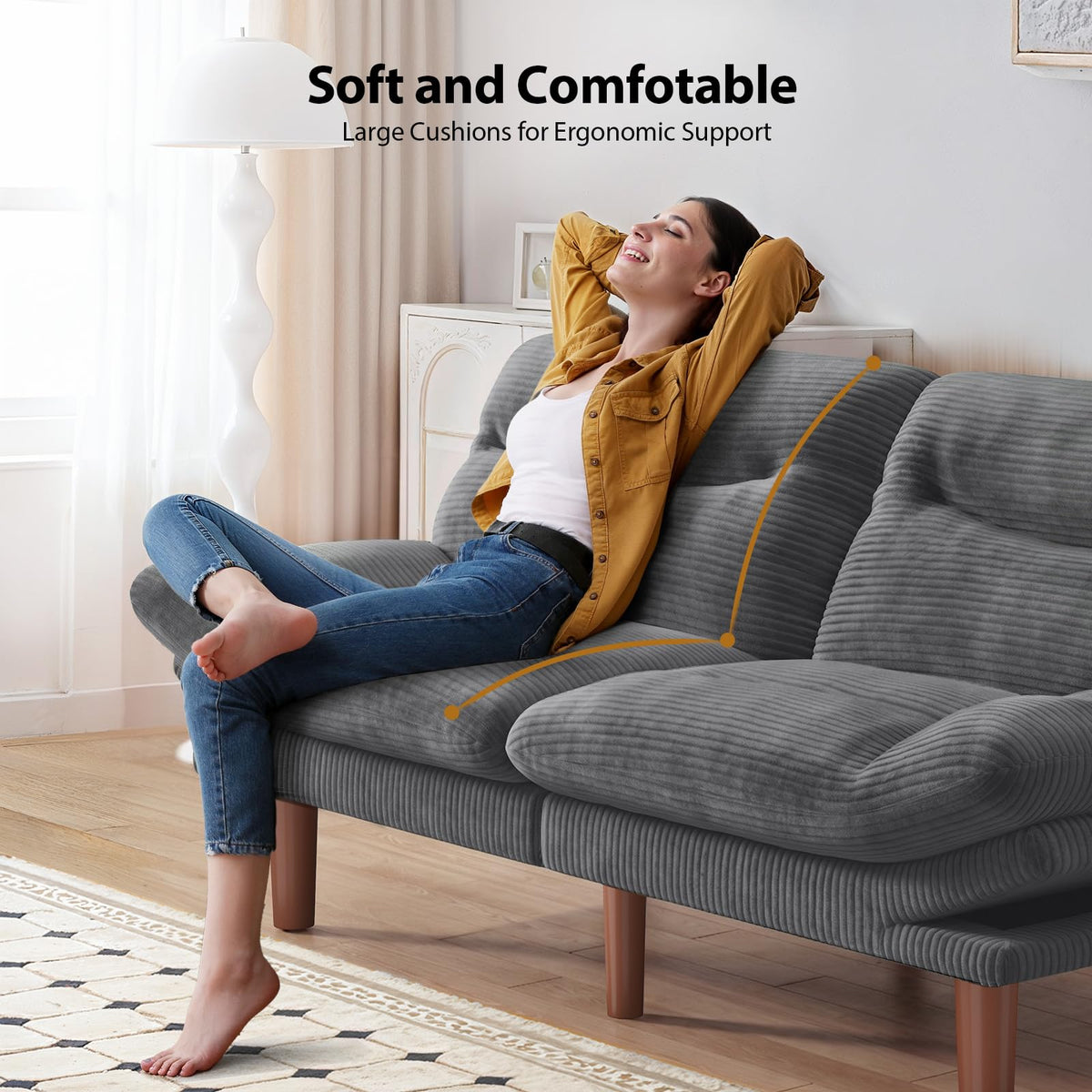 Pipishell 66 inch Convertible Futon Sofa Bed, Corduroy, Grey