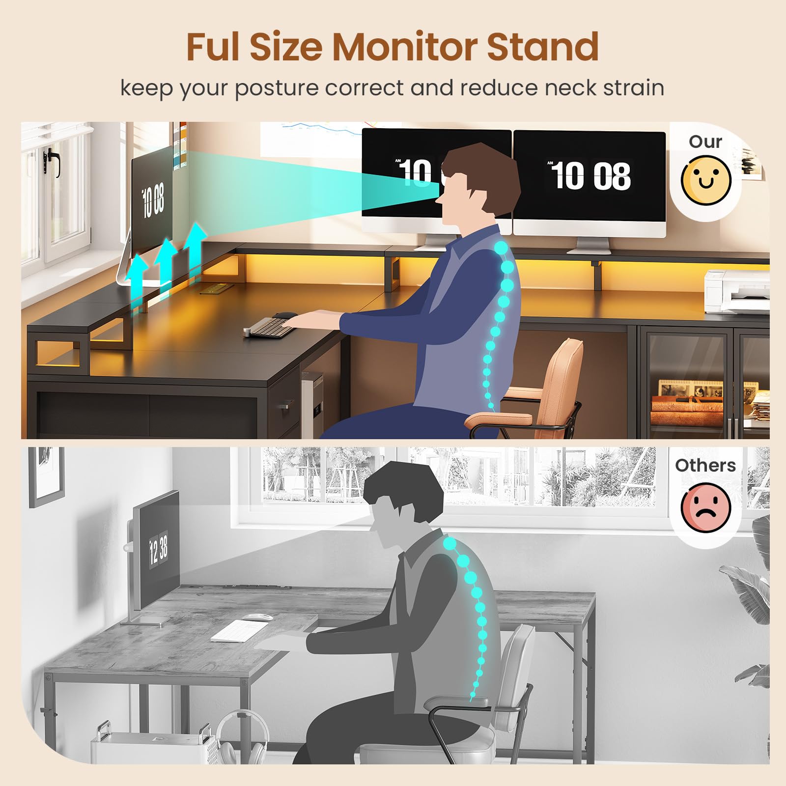 SEDETA L Shaped Gaming Desk with 4 Drawers, 109” Computer Desk with Display Cabinet, Home Office Desks with 2 Monitor Stands, CPU Stand, LED Lights and Power Outlet, Black