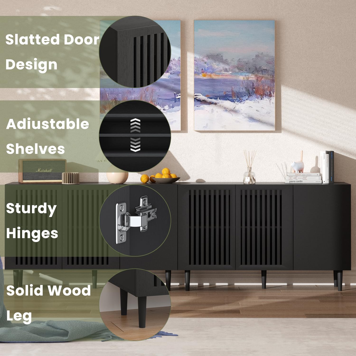 Storage Cabinet, 94.4" Freestanding Buffet Cabinet with 6 DIY Doors and Adjustable Shelf,Modern Sideboard Coffee Bar with Solid Wood Feet ,TV Stand for Living Room,Dining Room,Kitchen,Black,Set of 2