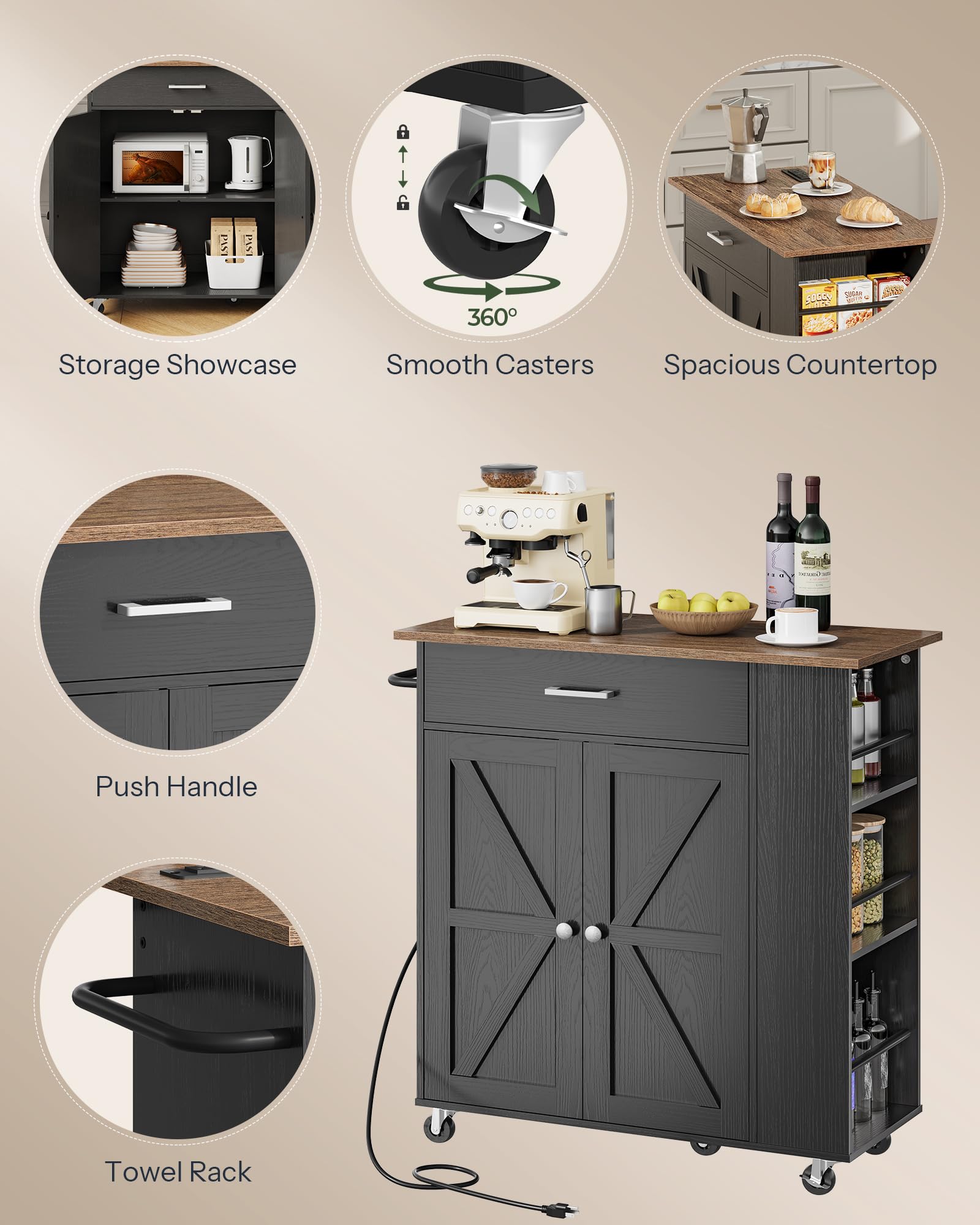 CHOEZON Kitchen Island Cart with Storage, Bar Cart with Charging Station, Kitchen Island on Wheels, Rolling Mobile Table with Cabinet, 3 AC Outlets, Black and Walnut MZD04UBL