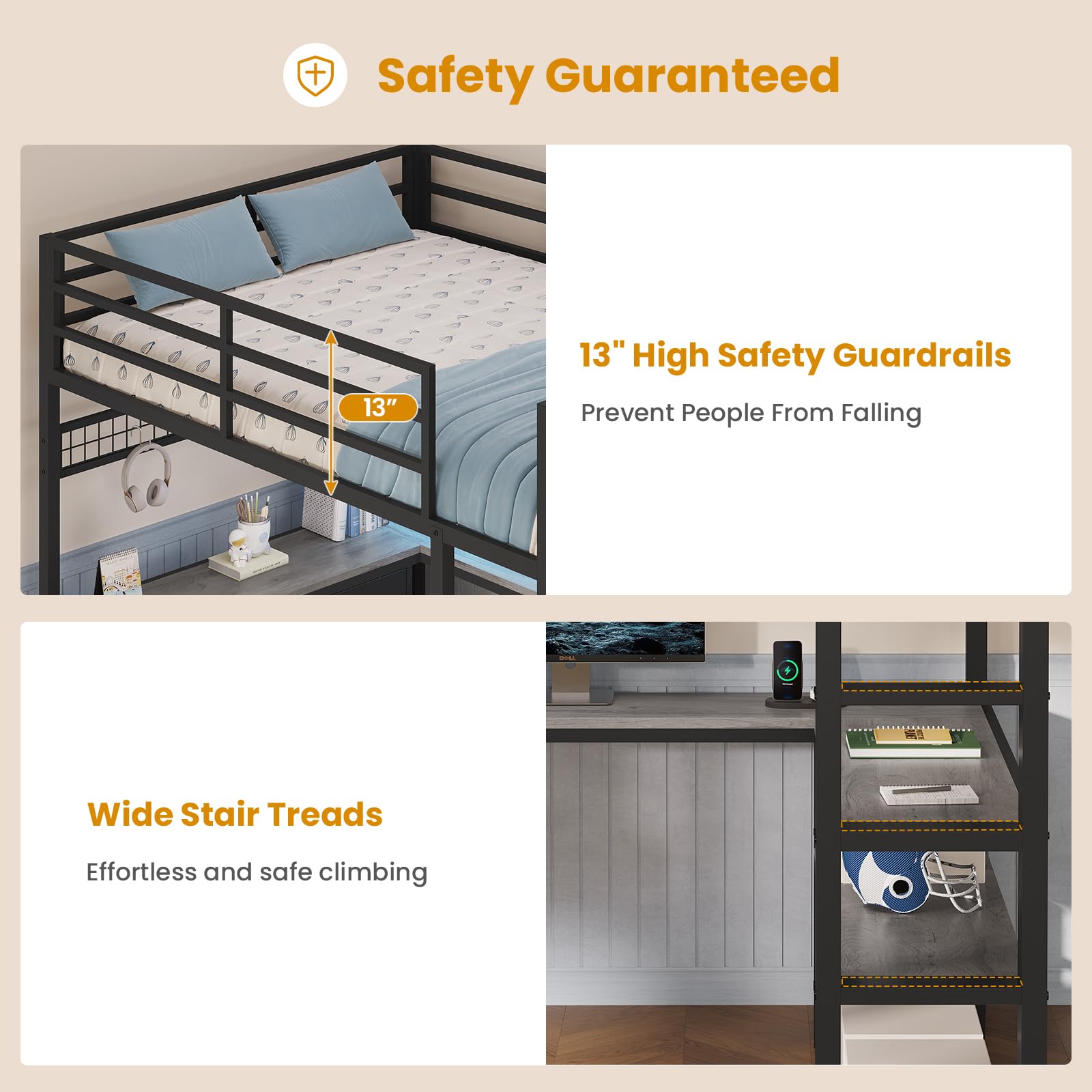 ADORNEVE Loft Bed Full Size with U-Shaped Desk, 6 Storage Drawers, Power Outlet, LED Metal Loft Bed with 2 Storage Shelves, Bed with Safety Guardrail & Ladders, No Box Spring Needed, Grey