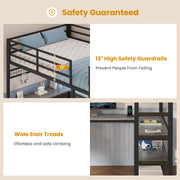 ADORNEVE Loft Bed Full Size with U-Shaped Desk, 6 Storage Drawers, Power Outlet, LED Metal Loft Bed with 2 Storage Shelves, Bed with Safety Guardrail & Ladders, No Box Spring Needed, Grey