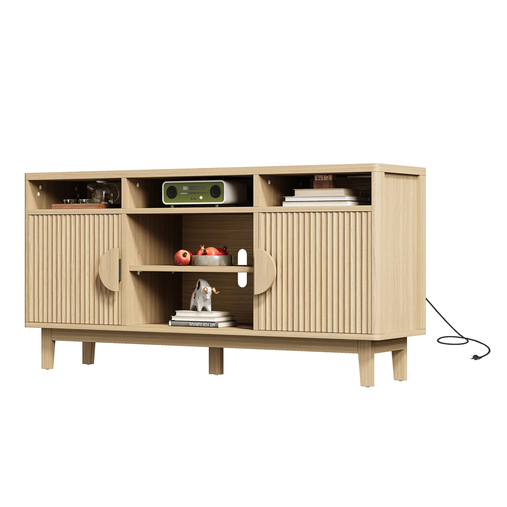 TV Stand for 65" TV with Charging Station & Fluted Doors, 59"